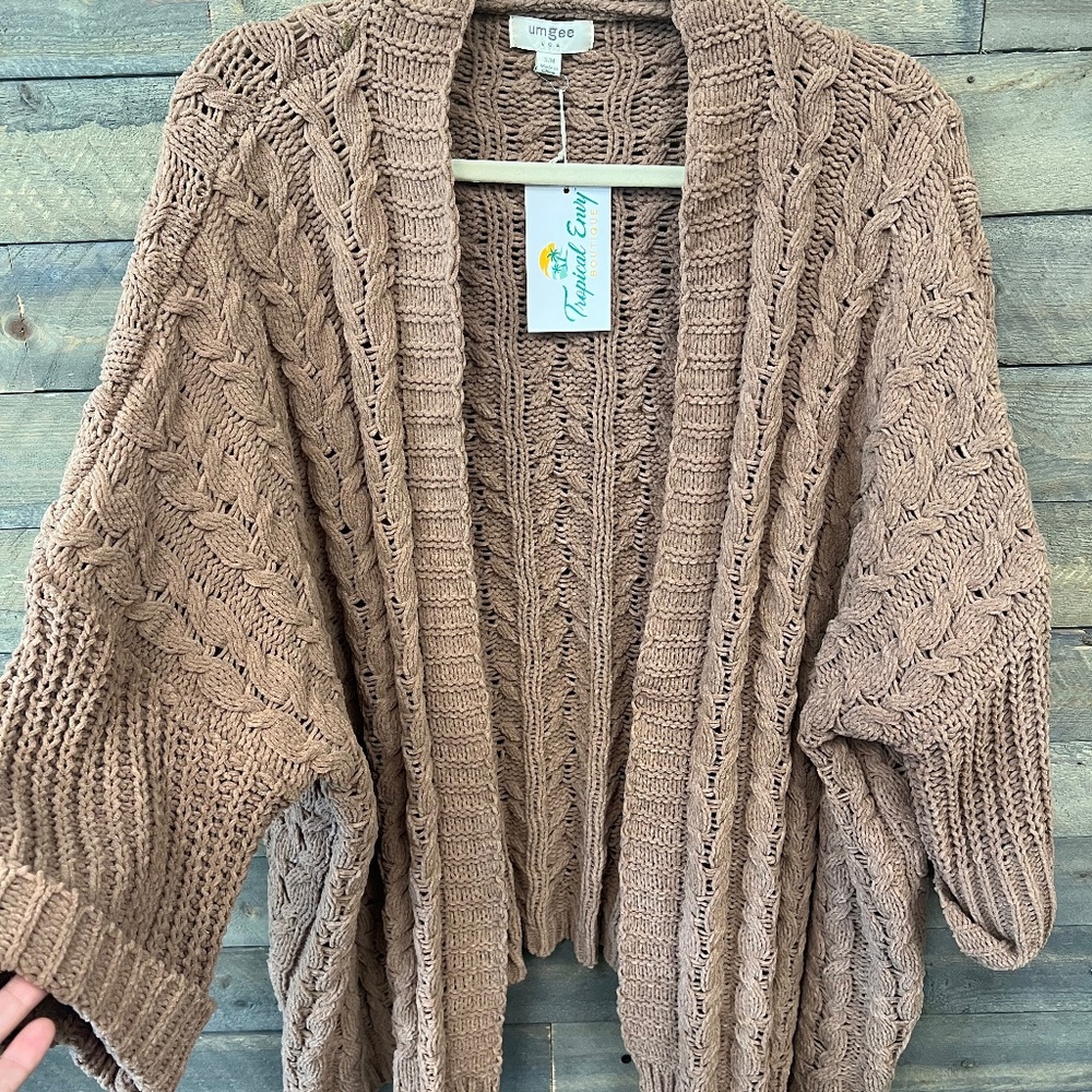 3/4 Folded Sleeve Open Front Cable Knit Sweater Cardigan